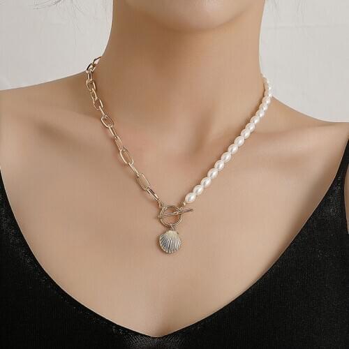 Chic Temperament Imitation Pearl Scallop Shell Pendant Necklace for Women Thick Chain Geometric Clavicle Necklace Jewelry Kolye