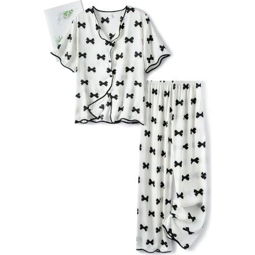 2021 Spring New Print Bow Pajamas Suit Long Sleeve Women Homewear Intimate Lingerie White Button-down Sleepwear Pyjamas