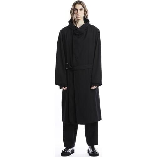 Hooded casual mens overcoat trench coat belt over the knee worsted wool coat