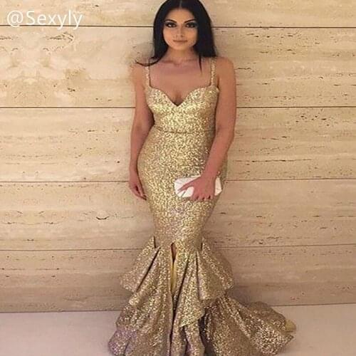 Luxury Gold Mermaid Evening Gowns With Sequined Sexy Straps Black Girls Prom Dresses 2021 Backless Long Formal Ceremony Gowns
