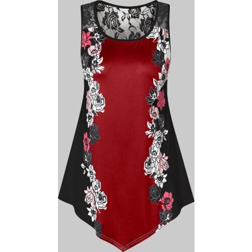 Wipalo Plus Size Lace Panel Floral Tank Tops Summer Scoop Neck Sleeveless Long Cropped T-Shirts Camis Women Tunic Clothes 5XL