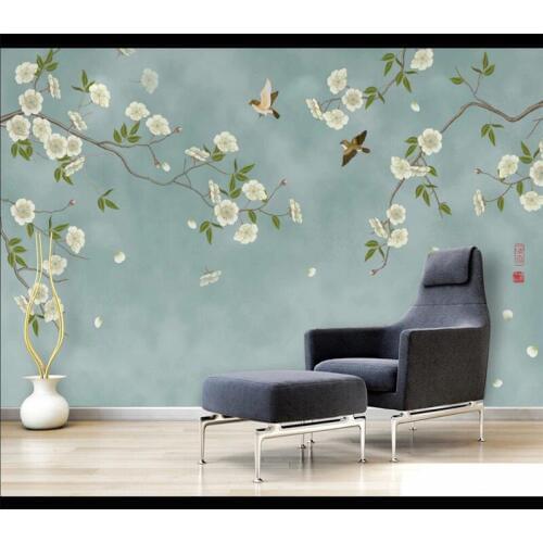XUE SU Custom wallpaper mural new Chinese style hand-painted flowers and birds plum blossom TV sofa background wall