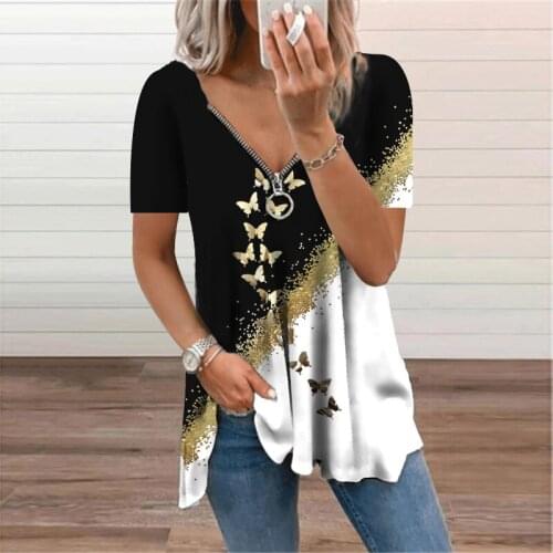 2021 Summer New Zipper Women T-Shirt Print Oversized Short Sleeve V-Neck Top Casual Loose Tees Pullover Tunic Womens Clothes