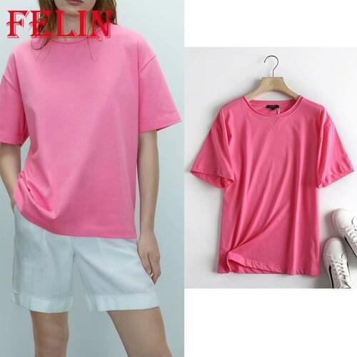 Women Casual Oversized Long T-Shirts Za Chic Pink 100% Cotton Elegant Women Tees Shirts Vintage Summer Short Sleeve Mujer Tops
