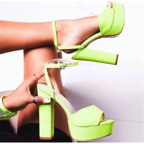 Women Elegant Peep Toe High Platform Chunky Heel Sandals Green Pink Suede Leather Thick High Heel Sandals Dress Shoes Heels