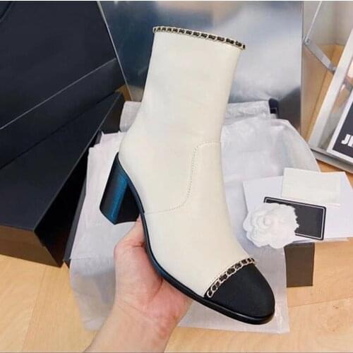 Chain Decor Boots Women Mid Calf Boots Genuine Leather Shoes New Winter Style Ladies Shoes High Heels Luxury Brand Designer Shoe