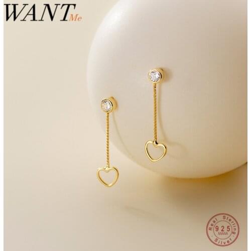 WANTME 925 Sterling Silver Simple Round Zircon Tassel Hollow Love Heart Pendant Drop Earrings for Women Fashion Party Jewelry