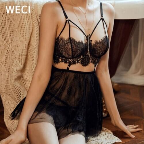 WECI Women Sleepwear Sexy Suspenders Lingerie Mini Dress Erotic Ladies Top Lace Pajamas Red Black Set Push Up Bra Skirt Nightie