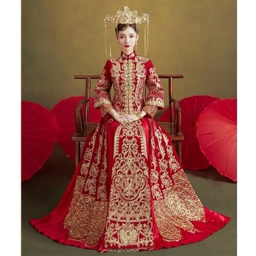 Retro Embroidery Phoenix Chinese Traditional Women Wedding Cheongsam Stylish Elegant Bride Vintage Qipao Dress китайская одежда