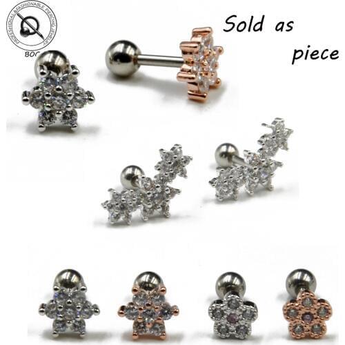 1PCS Steel Prong Set Crystal Zircon Flower Ear Cartilage Tragus Helix Earring Piercing Labret Stud Lip Ring Charming Jewelry 16g