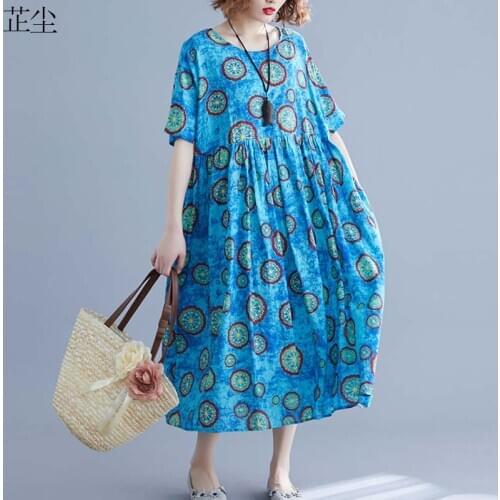 2019 Summer Kawaii Lemon Print Vintage Cotton Dress Plus Size 4XL 5XL 6XL Boho Dresses For Women Loose Linen Maxi Dress Vestidos