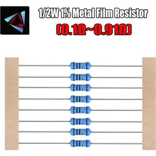 50pcs 1/2W 1% Metal film resistor 0.1 0.12 0.15 0.18 0.2 0.22 0.24 0.27 0.3 0.33 0.39 0.47 0.5 0.56 0.62 0.68 0.75 0.82 0.91 ohm
