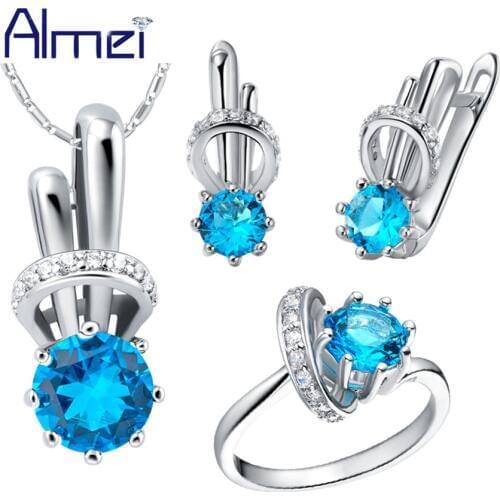 Almei Fashion Wedding Jewelry Sets for Women Jewelery Blue Rainbow Rings Set Earring Joyeria Conjuntos Parure Bijoux Femme T225