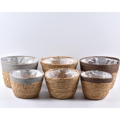 Bamboo Storage Baskets Straw Patchwork Handmade Laundry Wicker Rattan Seagrass Belly Garden Flower Kitchen Storage Basket