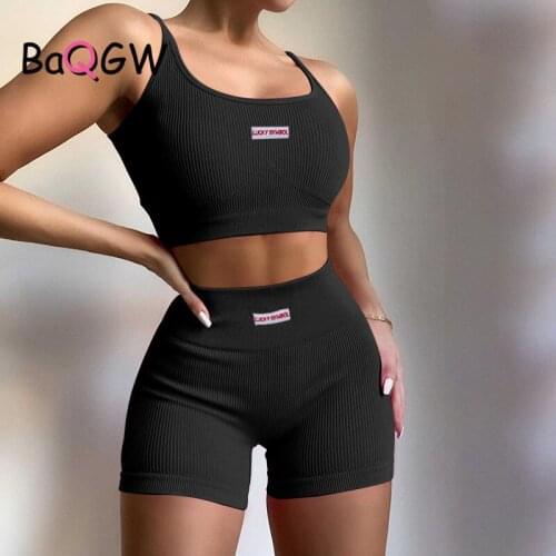 BaQGW Letter Print Two Piece Sets Women Tracksuit Crop Tops+Elastic Bike Shorts Sporty Matching Suits Casual Female Solid Outfit