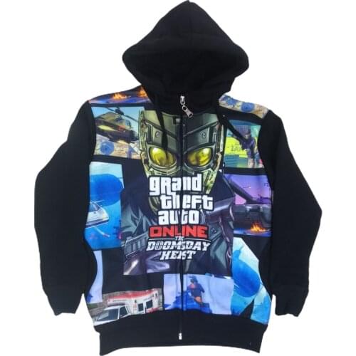 Male Child Black GTA Digital Printing-Written Hooded Zipper Pocket Inside Furry Bomber Sweat Jacket ÇCFK-GTA 432401155