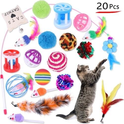 Copetsla Cat Toy Mouse Fish Ball 20Pcs Pet Toys Interactive Stick Funny Cat Fishing Rod Game Wand Feather Stick Toy Pet Supplies