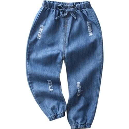 Children Baby Boy Girl Cartoon Hole Denim Long Pants Elastic Waist Jeans Comfortable Spring and autumn childrens pants cotton