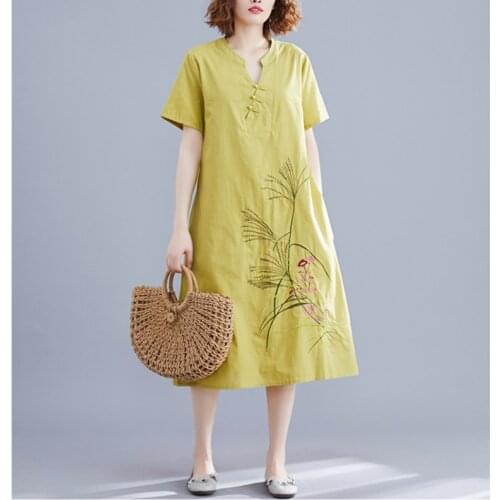 Cotton Linen Plus Size Vintage Dress Embroidery Women Dresses Loose Summer Dress Elegant Clothes National Style Ladies Sundress