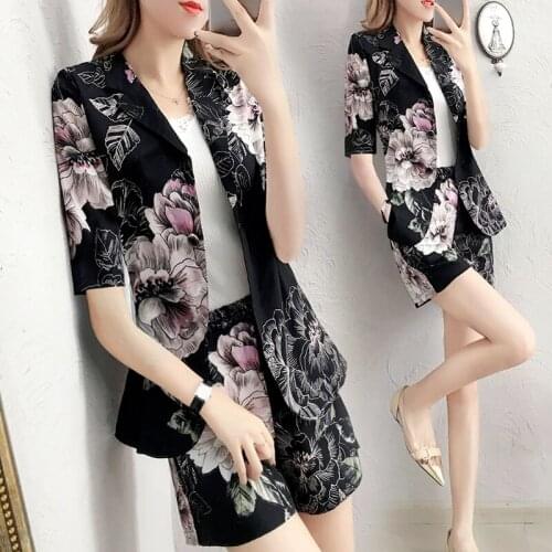 Suit Sets Women Fashion Simple Black Flower Print Womens Blazers Jackets and Wide Leg Shorts Suits Two Pieces Set Y407