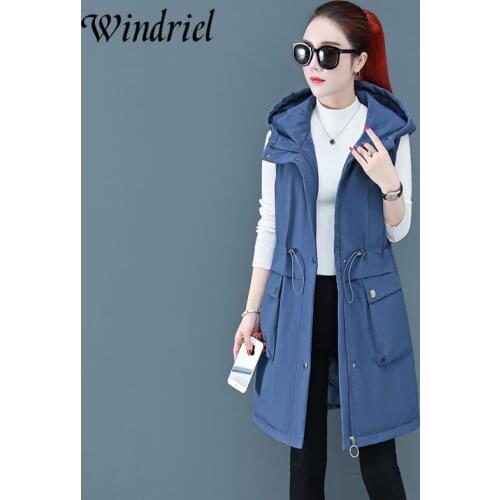 Windriel Fashion New Autumn Winter Long Cotton Vest Women Jacket Hooded Sleeveless Coat Big Pockets Ladies Slim Waistcoat