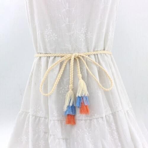 Fashion Women Woven Belt Thin Braid Tassel Rope Waist Belts For Dresses Waistband Knot Decorated Cotton String New