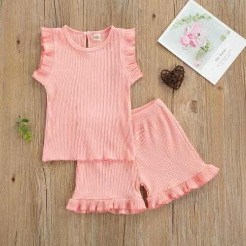 2 Pcs Infant Ribbed Outfits, Baby Girl Casual Basic Fly Sleeve Round Neck Pullover + Ruffle Shorts Summer 2021