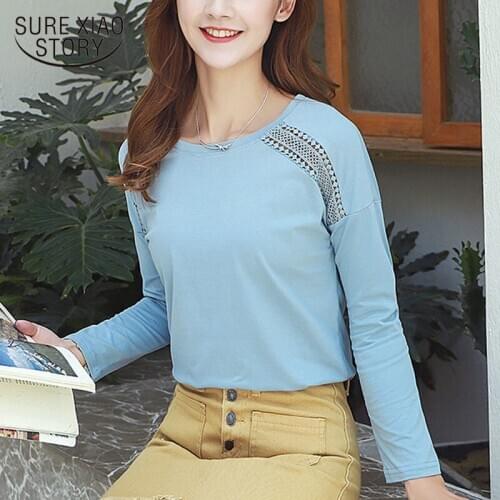 Solid O-neck Long Sleeve Shirt Women Cotton Plus Size Woman T-shirt 2021 Autumn Fashion Sweet Style Hollow Loose Clothes 10588