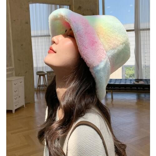 New Faux Fur Bucket Hat for Women Girl Rainbow Tie Dye Soft Warm Fishing Cap Fisherman Gorros Winter Lady present Vacation Cap