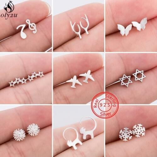 Fashion 925 Sterling Silver Earings Small Cute Cat Star Antlers Plane Music Stud Earrings for Women Girls Butterfly Accessories