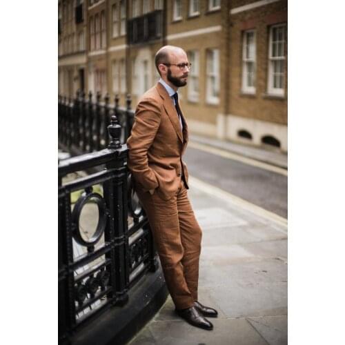 Custom Made Groomsmen Brown Linen Groom Tuxedos Notch Lapel Men Suits 2 Pieces Wedding Bridegroom ( Jacket+Pants+Tie ) D230