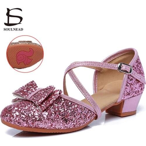 Kids Latin Dance Shoes Pink Glitter Low Heels Girls Child Tango Salsa Dance Shoe Soft Ballroom Dancing Shoes For Children Woman
