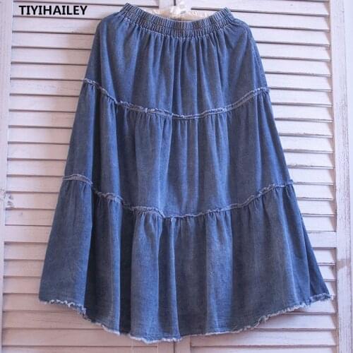 TiYIHAILEY Free Shipping Tassels Cotton Denim Long Mid-calf Skirts For Women Summer Elastic Waist A-line Cotton Summer Skirts