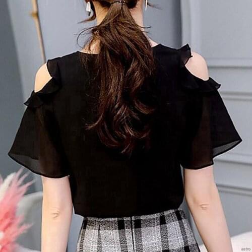Sweet Round Neck Solid Ruffled Short Sleeve off Shoulder Chiffon Blouse For Women