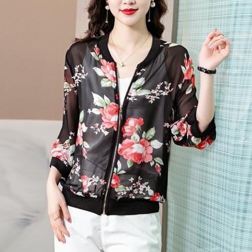 Fashion Summer Chiffon Flowers Women Retro Outwear Bomber Long Sleeve Thin Jacket Woman Female Plus Size Basic Sunscreen Clothes