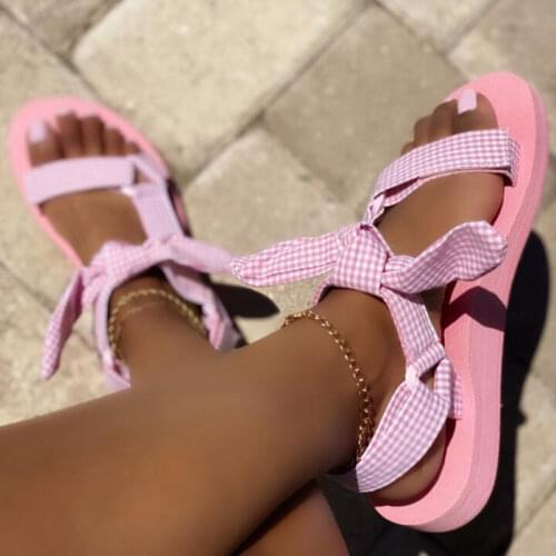 Bowknot Beach Shoes Woman Cute Tie Design Hook Loop Casual Women Flat Sandals Gingham Open Toe Shoes Sandalia Plataforma