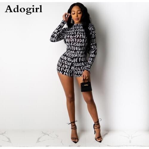 Black Fashion Letter Print Playsuit Women Skinny Bodycon Sexy Bodysuit Long Sleeve High Street Club Outfits Short Overalls S-XXL