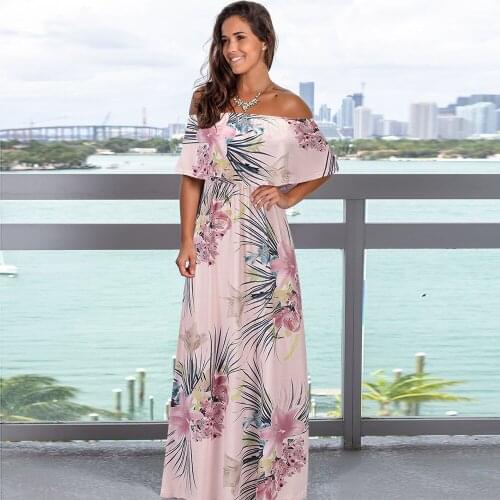 Womens Summer Sexy Strapless Beach Dress Off Shoulder Short Sleeve MIDI Bohemian Robe Long Womens Floral Dress 2021 Dresses