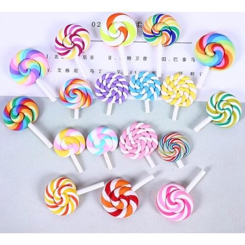 100pcs /lot Spiral Rainbow Polymer Clay Cabochons Beauty Kawaii lollipop Candy Flatback For DIY Phone Decoration