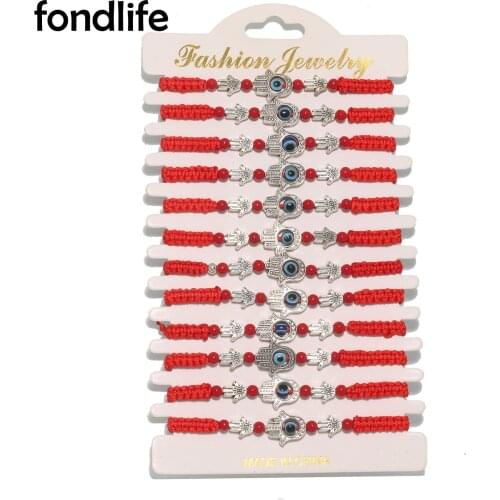 Zinc Alloy Blue Turkish Evil Eye Three Hands Red Rope Macrame Bracelet Women Kid String Braided 12pcs Wholesale Jewelry Present