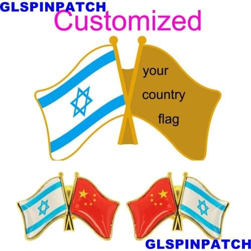 Israel Crossed Friendship Flag Double Country lapel pin Brooch USA UK France Chile Russia Saudi Arabia Japan Spain Badge