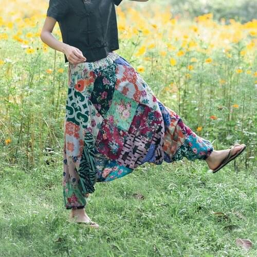 Bohemian Stitching Trousers Casual Pants Ethnic Style Patchwork Harem Pants Women Elastic Waist Pants