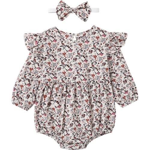 Baby Bodysuit Long Sleeve Baby Girl Floral Hip Suit Creeper + Hair Band