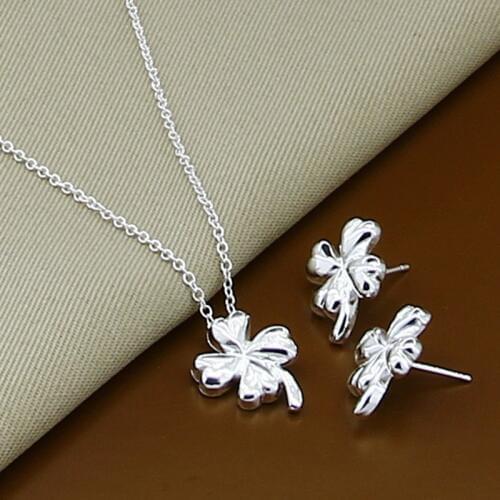 Wholesale Price 925 Silver Jewelry Sets Plant Four-leaf Clover Pendant Necklace Earrings Set Fashion Jewelry