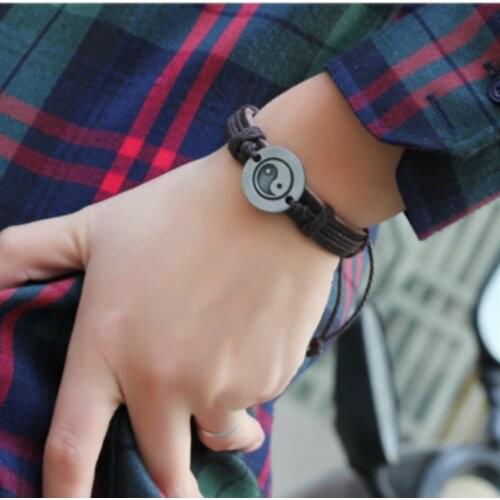 Trendy Yin and Yang Alloy Bracelet Leather Braided Bracelet Brown Bracelet Mens Retro Bracelet for Men Pulsera