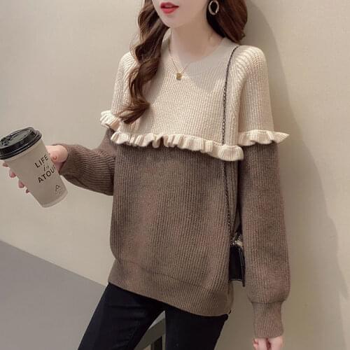 Fashion color matching round neck pullover sweater women 2021 new spring and autumn all-match long-sleeved knitted top