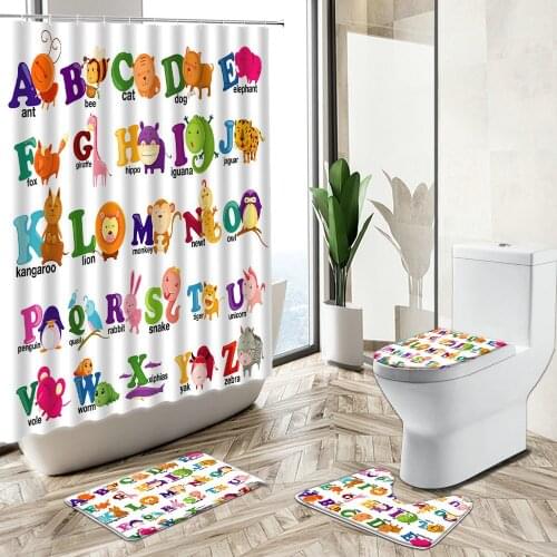 Cartoon Animal Alphabet Child Room Shower Curtain Fun Colorful Art Home Decor Bath Mat Toilet Lid Cover Bathroom Carpet Set Gift