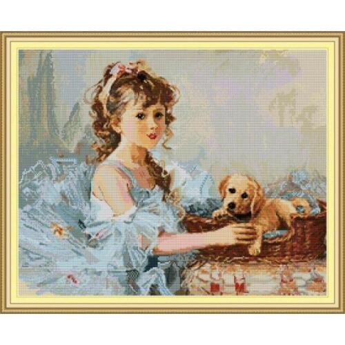 Joy Sunday Cross Stitch kits Girl and Dog Patterns Canvas 14CT 11CT DIY Handwork Embroidery Needlework Set Wholesale Home Decor