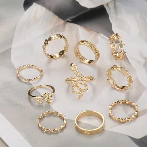 11pcs/set Vintage Women Snake Aesthetic Flower Rings Set Black Crystal Fashion Party Ring for Women Finger Wedding Jewelry 2021