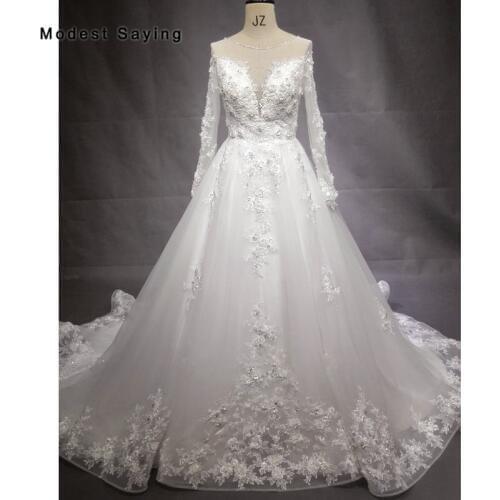 New Ball Gown Long Sleeve Lace Wedding Dresses 2018 with Buttons Back Formal Women Beaded Floral Bridal Gowns vestido de noiva